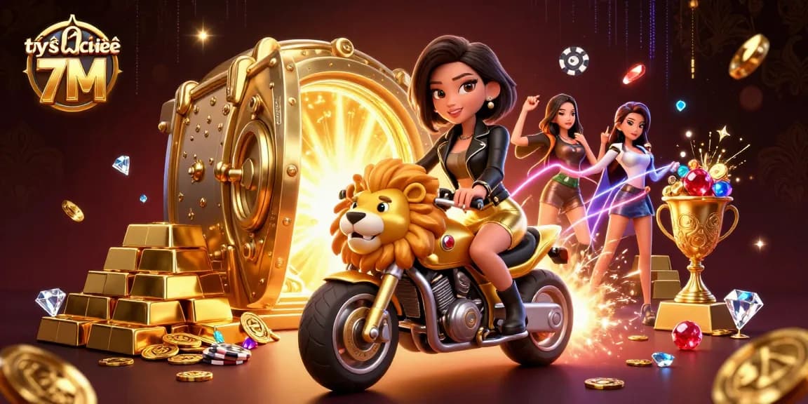 Experience thrilling betting with tỷ số trực tuyến 7M as a glamorous Asian woman rides a golden lion mascot through dazzling treasures.