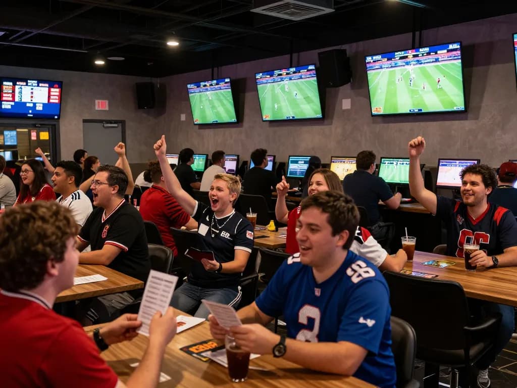 7m sports betting lounge filled with fans cheering as they place bets on live matches.