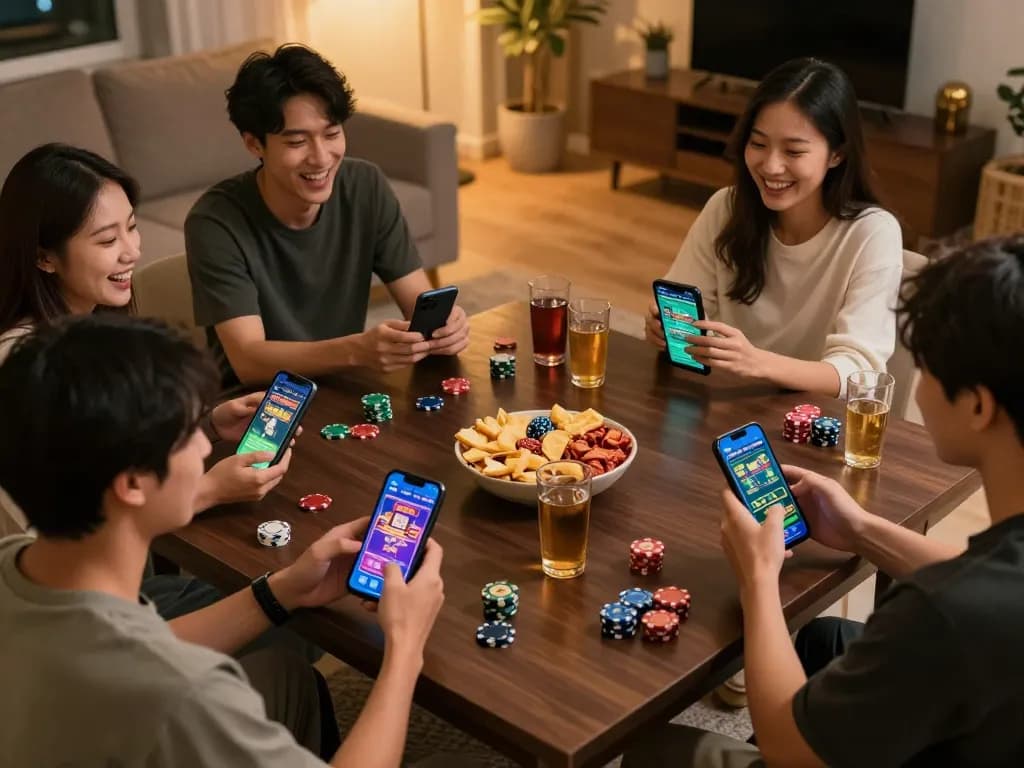 Tg88 apk displayed on smartphones during a fun home casino night with friends enjoying games and snacks.