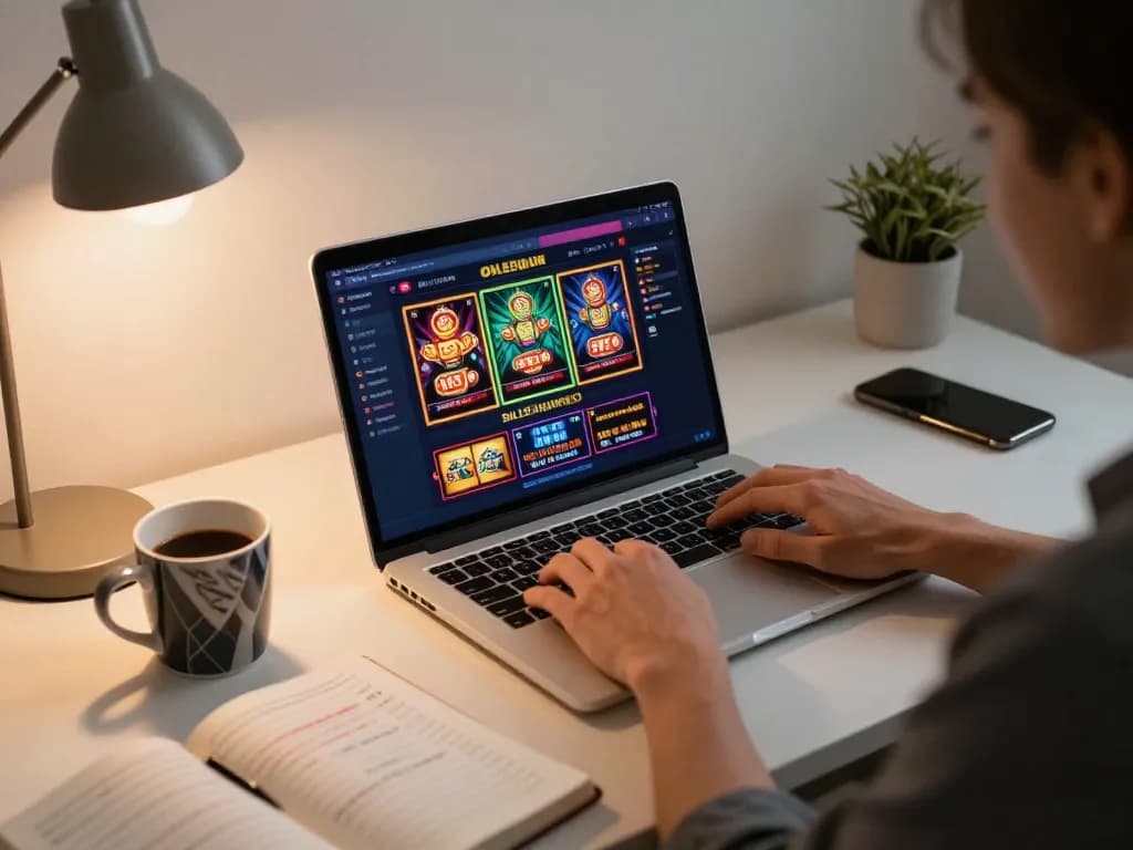 Engaging online gaming session with Lc88 vin on the laptop, showcasing vibrant casino interfaces and strategic notes.