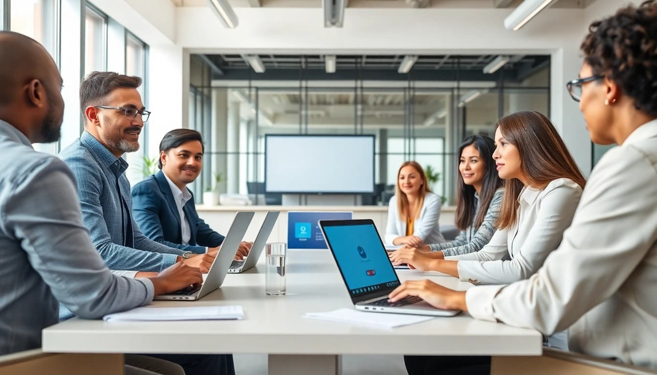 Showcase of a diverse team discussing solutions as a uk voip provider in a modern office.