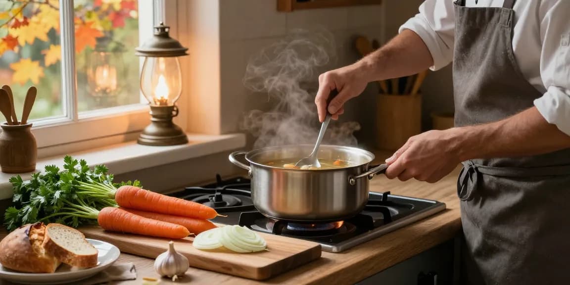 Leckere Klare Suppe, die in einer rustikalen Küche mit frischen Zutaten gekocht wird.
