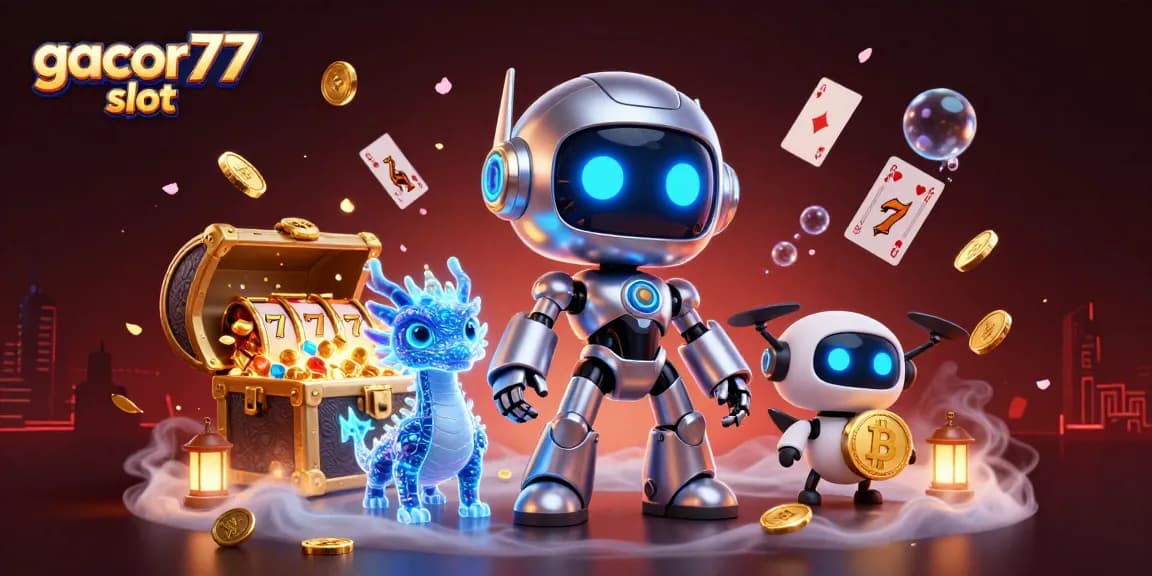 Bermain gacor77 slot dengan robot cyberpunk, naga AI, dan drone membawa koin bitcoin di latar belakang yang cerah.