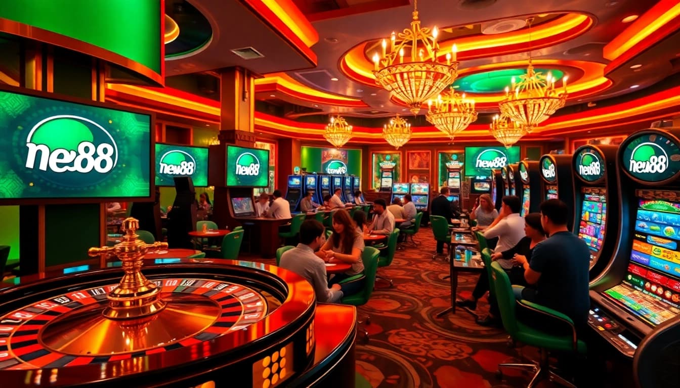 Engage with new88's thrilling online casino action featuring colorful slot machines and a roulette wheel.