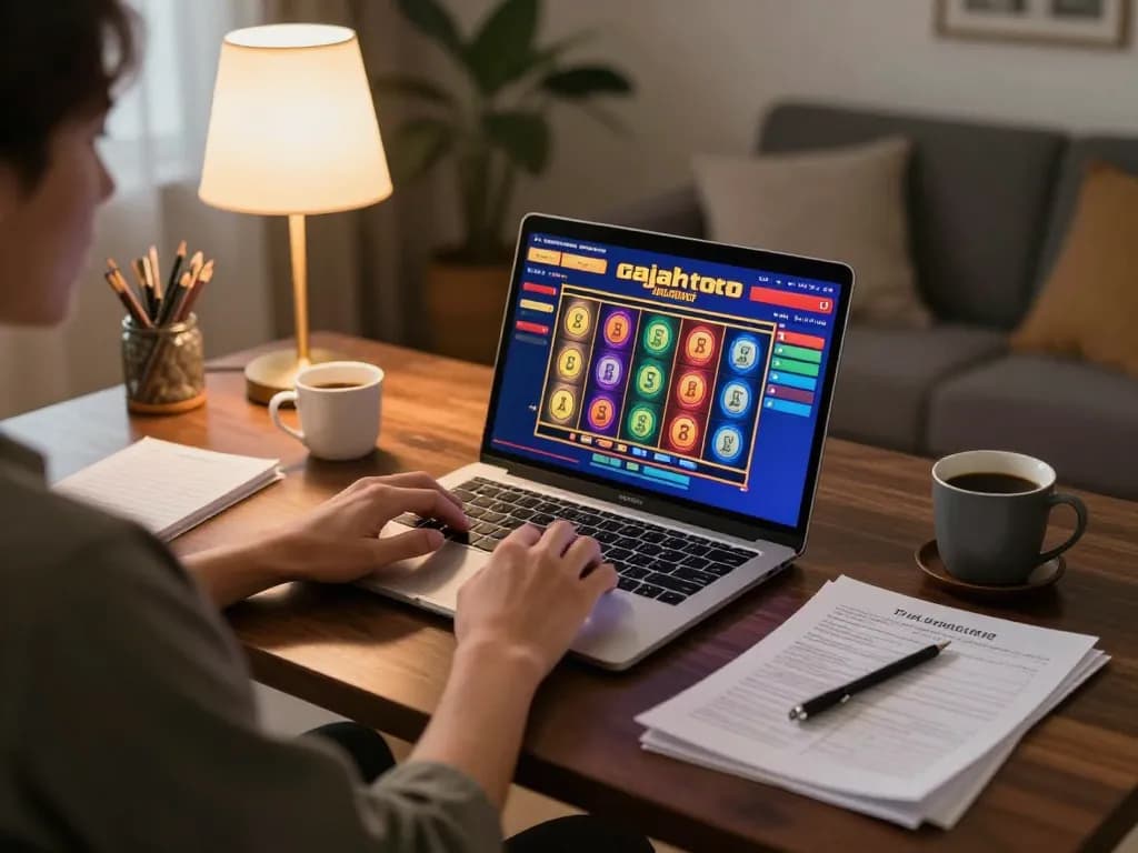 Engaging player enjoying gajah toto slots on a laptop in a cozy home environment