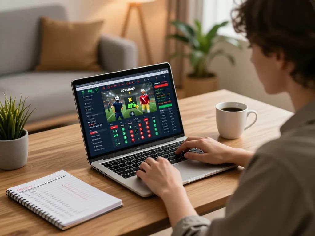 Person engaged in sports betting on 92slot website, coffee and notes nearby.