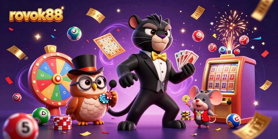 Experience the excitement of gambling with rokok88 in a vibrant 3D casino scene featuring a stylish black panther and friends.