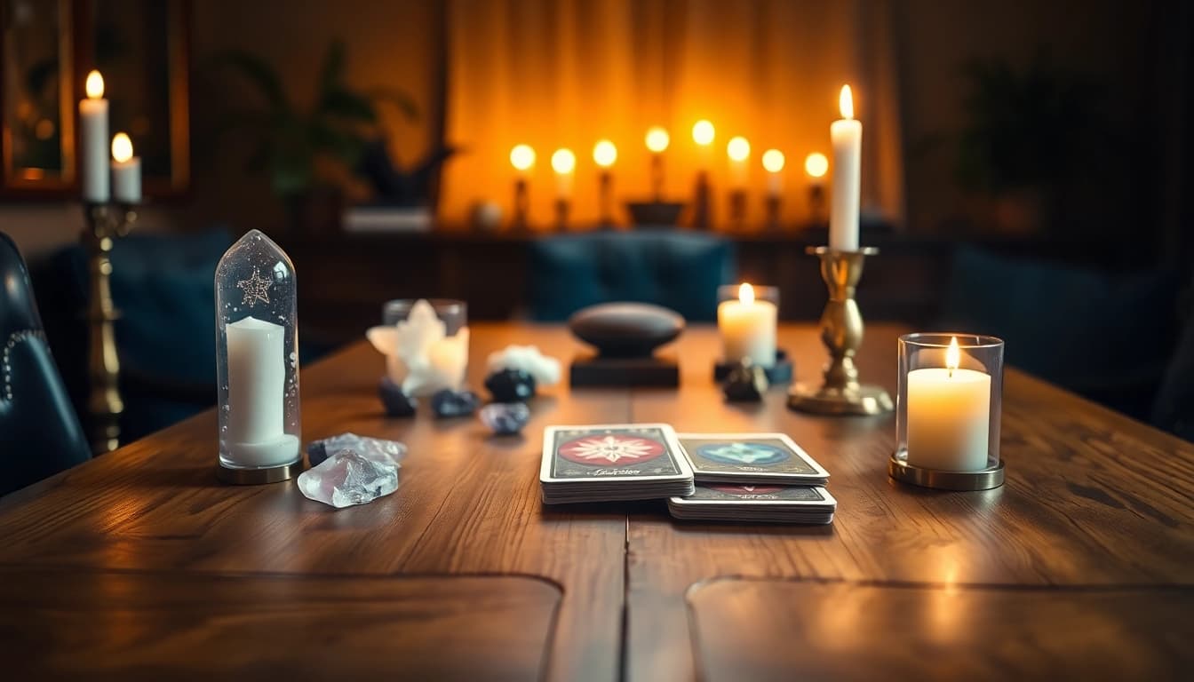 クリスタルとキャンドルを用いた神秘的な電話リーディングセッティングで、本物の電話占い当たるを体験してください。