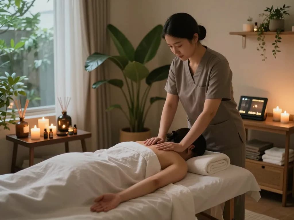 Relaxing 논현동마사지 session in serene therapy room with therapist, soft lighting, and calming decor.