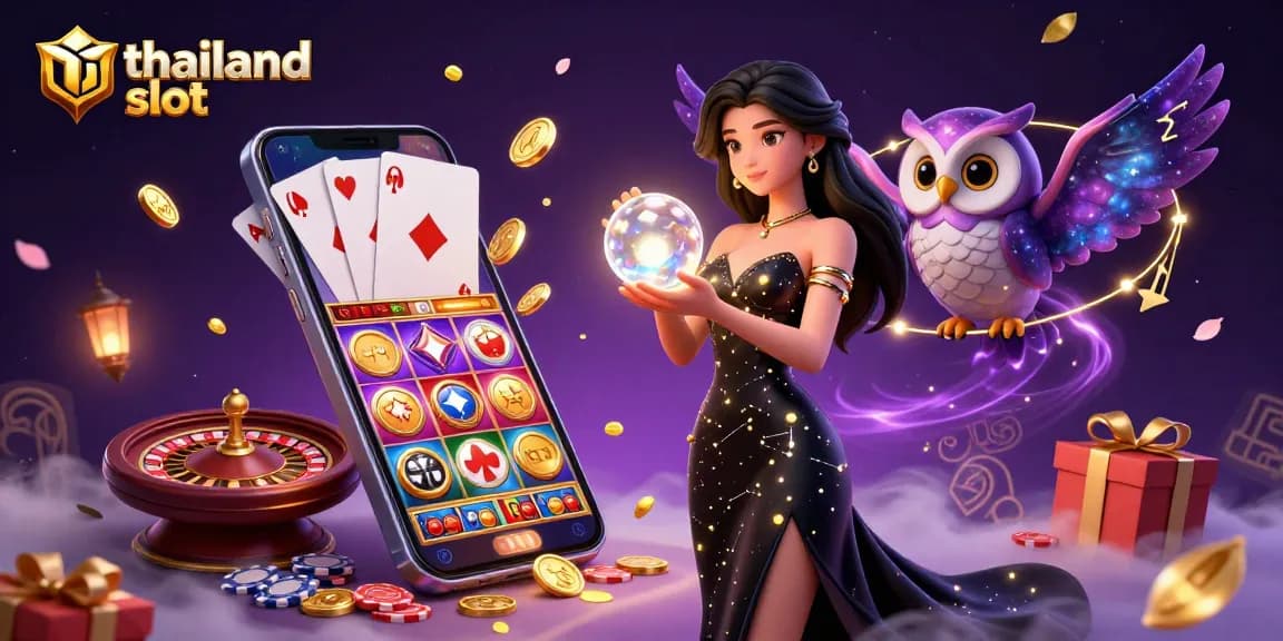 Play exciting thailand slot games with a mystical woman and owl amidst vibrant casino elements.