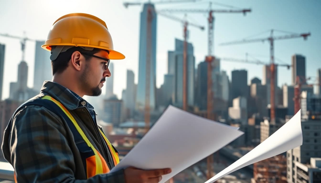 New York City Commercial General Contractor analyzing blueprints on a dynamic construction site.
