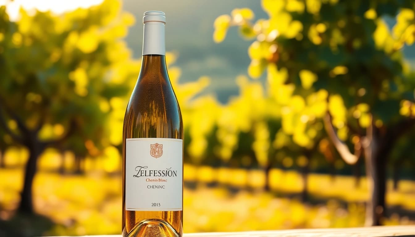 Showcasing a bottle of Chenin Blanc in an elegant vineyard setting under warm sunlight.