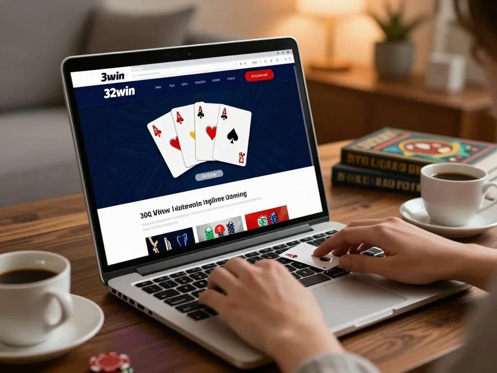 Engaging poker gameplay on 32win displayed on laptop in a cozy home setting
