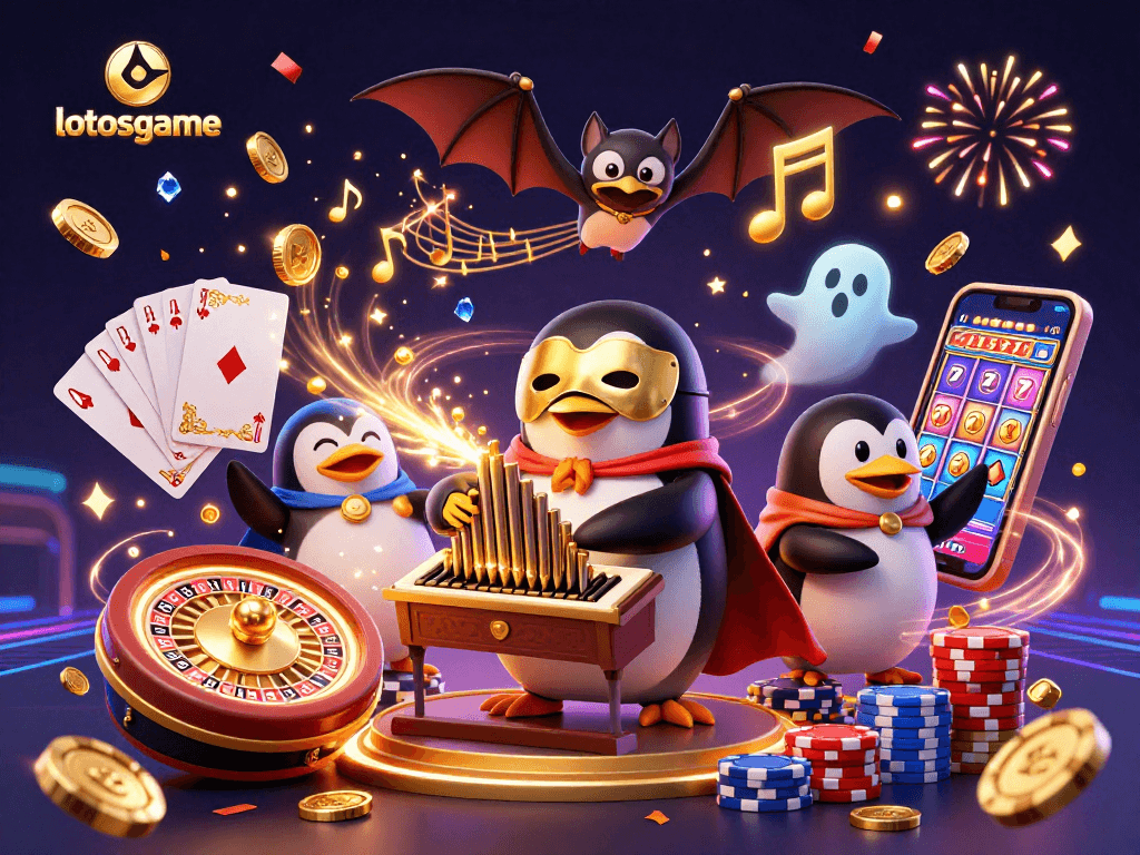 Experience the excitement of lotosgame with a vibrant casino scene featuring winning characters and dynamic elements.