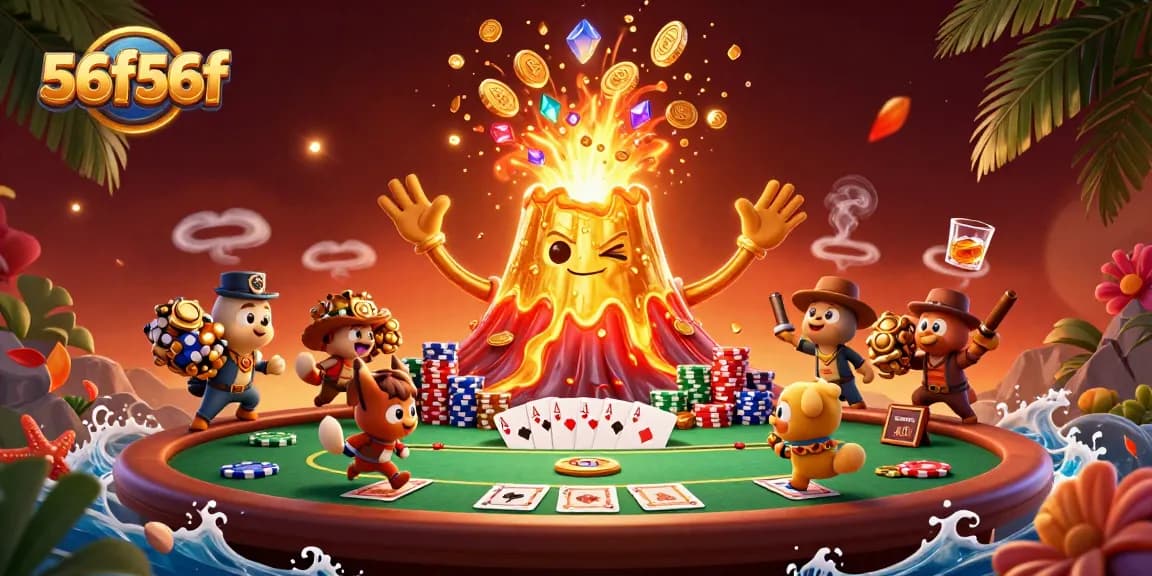 Experience thrilling wins with 56f56f and playful cartoon volcano amidst poker excitement.