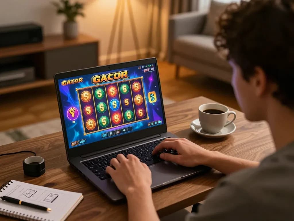 Engaging gameplay on slot gacor online, player focused on winning strategies with colorful screen graphics and cozy home setup.