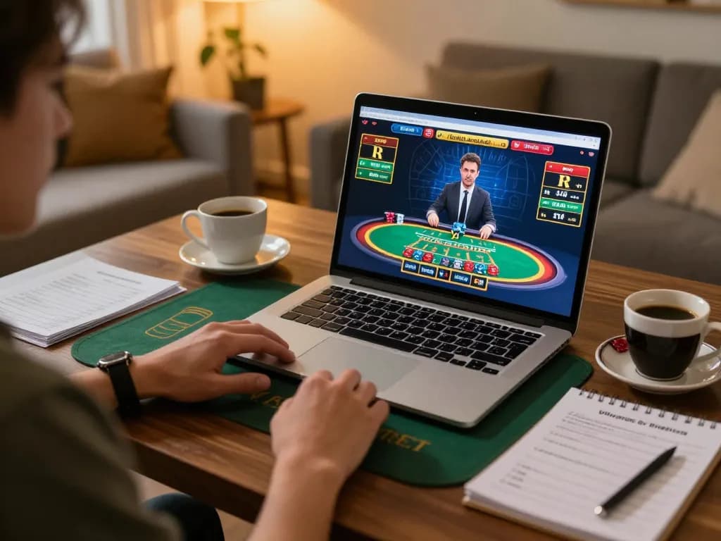 Engaging in uu88 bet live dealer games at home, showcasing excited player and lively interface