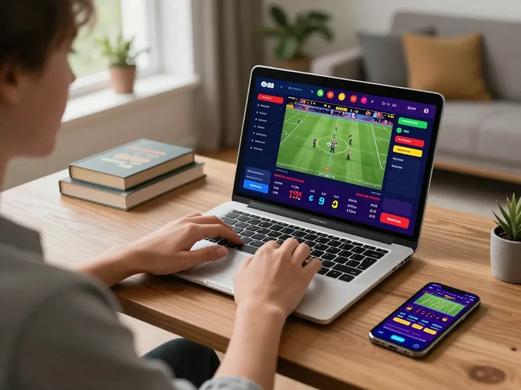 Player engaging with the ee88 platform for online sports betting on a laptop in a cozy home.