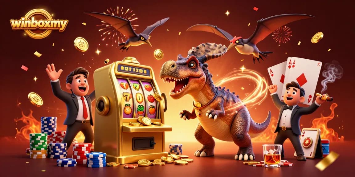 WinboxMY showcases a pachycephalosaurus celebrating a jackpot while an ankylosaur manages the casino, emphasizing thrilling gaming moments.