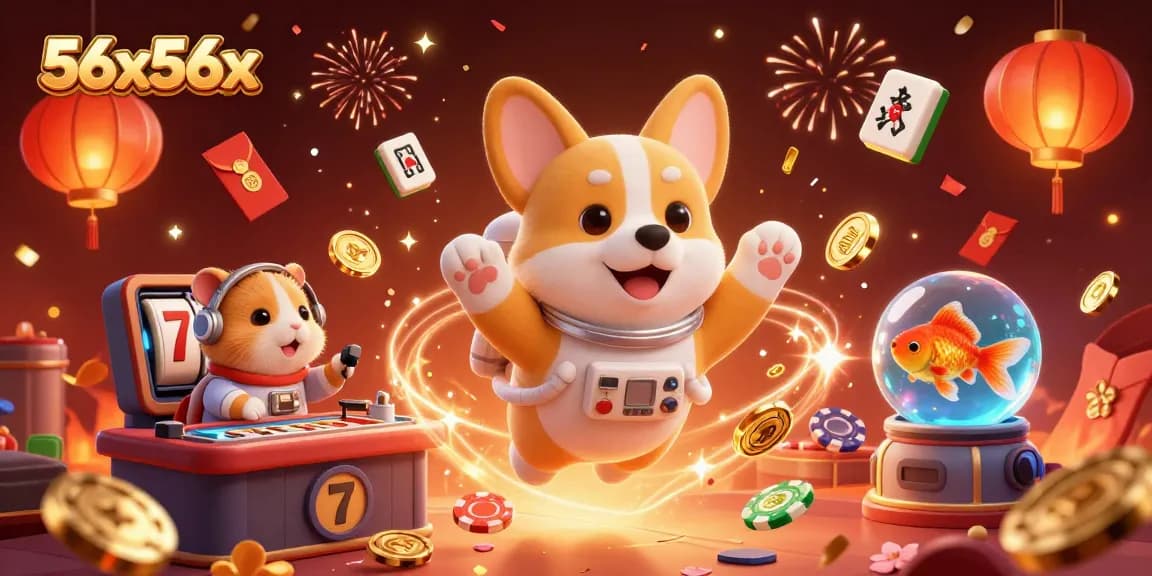 Engage with 56x56x's vibrant casino scene featuring a corgi, hamster, and goldfish in zero gravity.