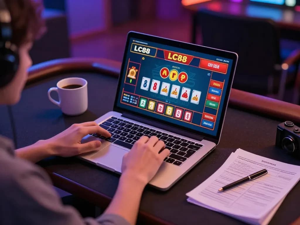 Playing LC88 games on a laptop while engaged in strategic betting at home.