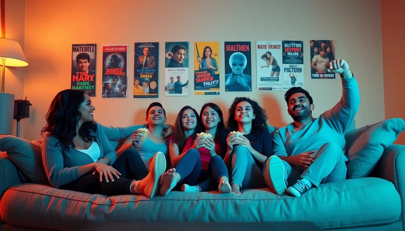 Watch series online with friends during a cozy movie night at home.
