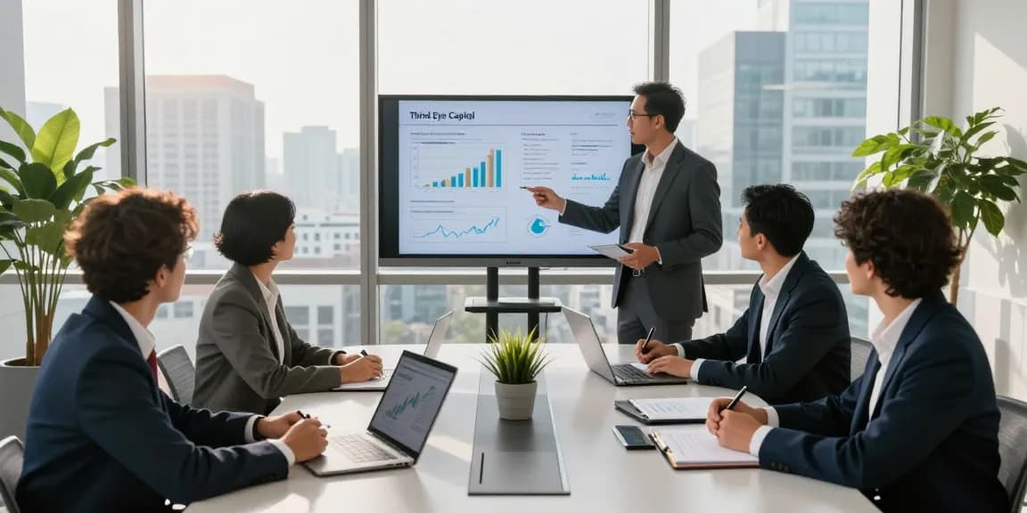 Team collaborating on Third Eye Capital strategies in a modern office.
