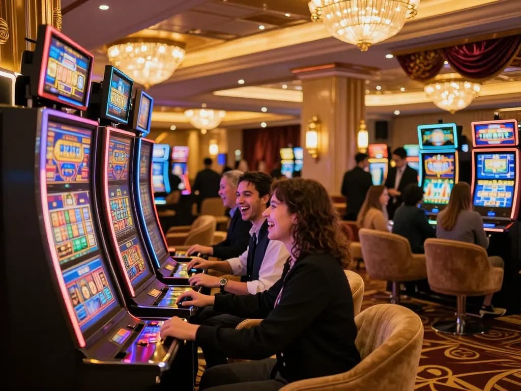 Players enjoying vibrant slot machines at the casino, where sunwin luck shines bright