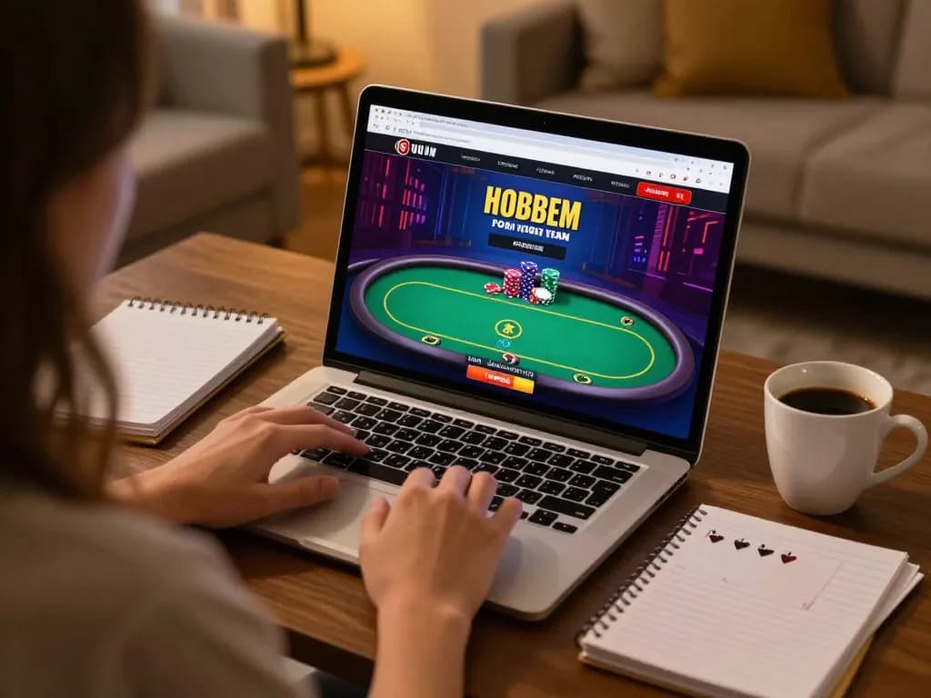 Engaged gameplay on https://www.mnm88.com/ featuring a poker session in a cozy home work environment.