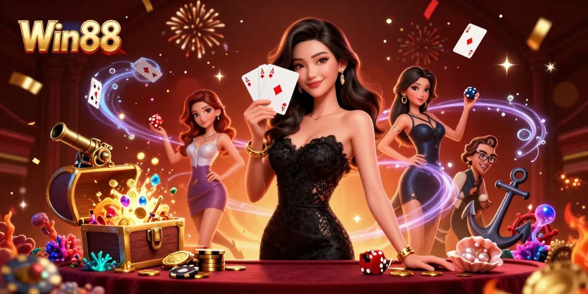 Win88: elegant Asian woman enjoying playing cards in a vibrant gaming scene filled with casino elements