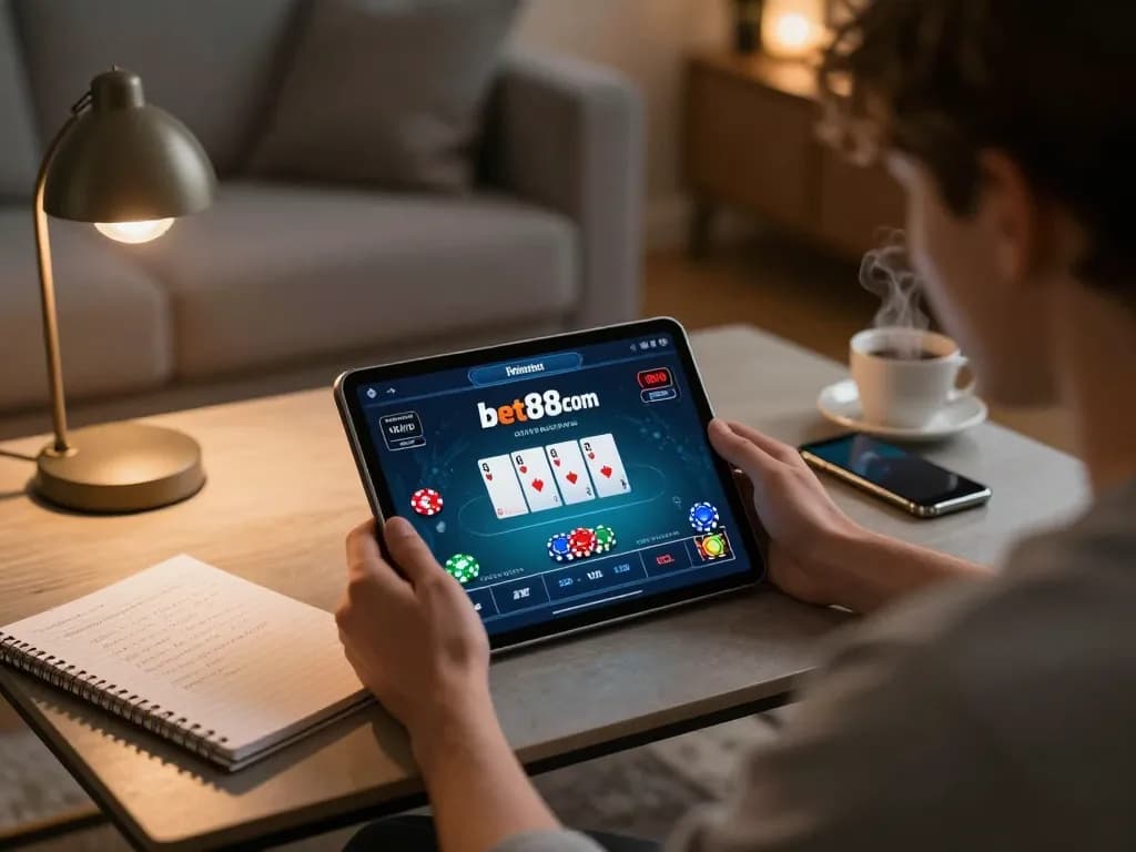 Engaging user playing poker online at bet88com with warm, cozy lighting.