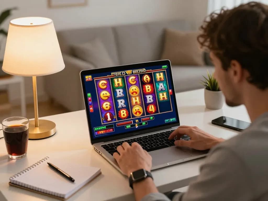 Player spinning slot reels on a laptop, celebrating a win in an inviting home setting