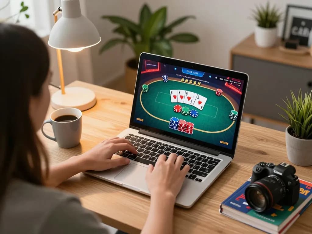 Experience JPTOTO online poker strategy from a cozy home setup, showcasing active gameplay and preparation materials.