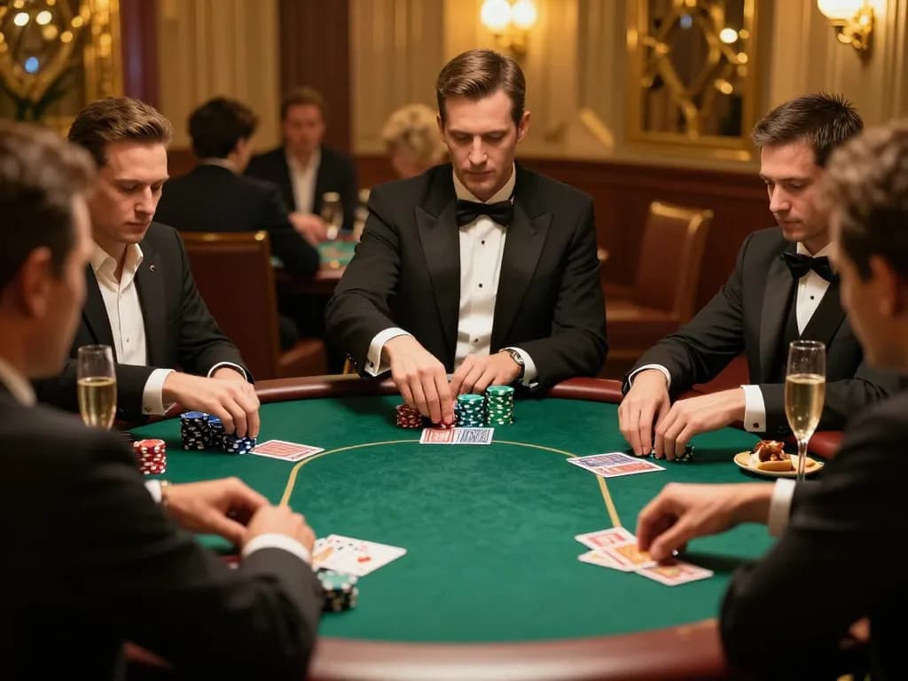Players enjoying a dynamic poker game at a high-stakes table, showcasing max79 strategic moments.