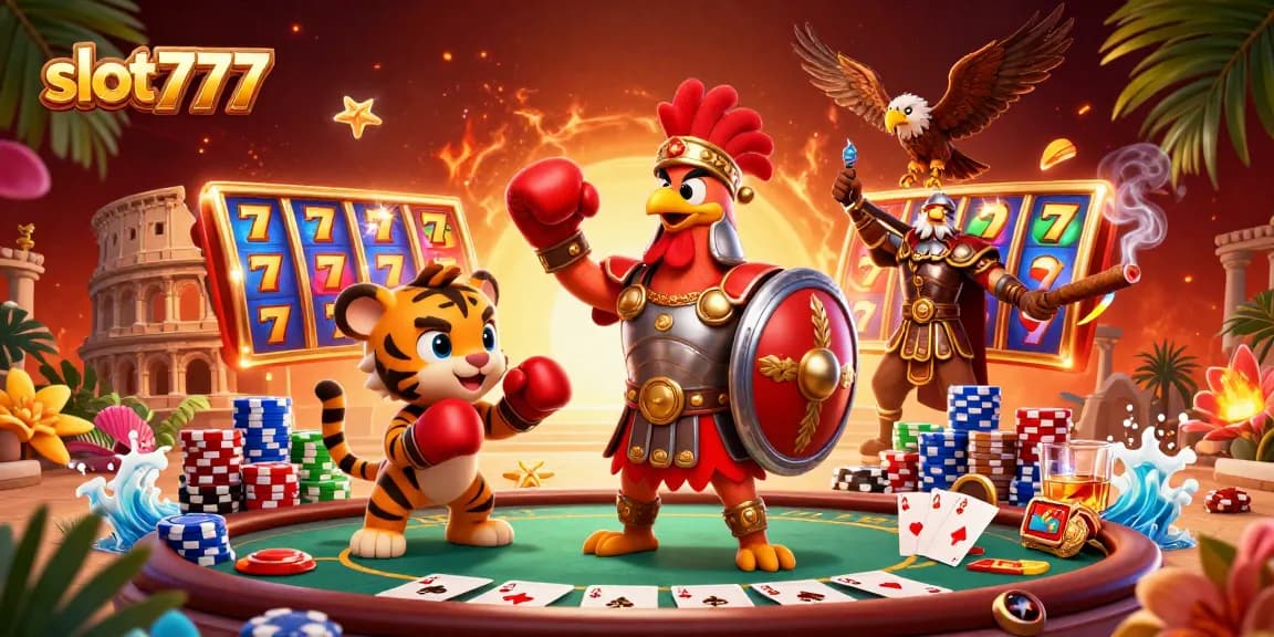 Engage with slot777's dynamic casino world as characters play poker and spin vibrant slot reels.