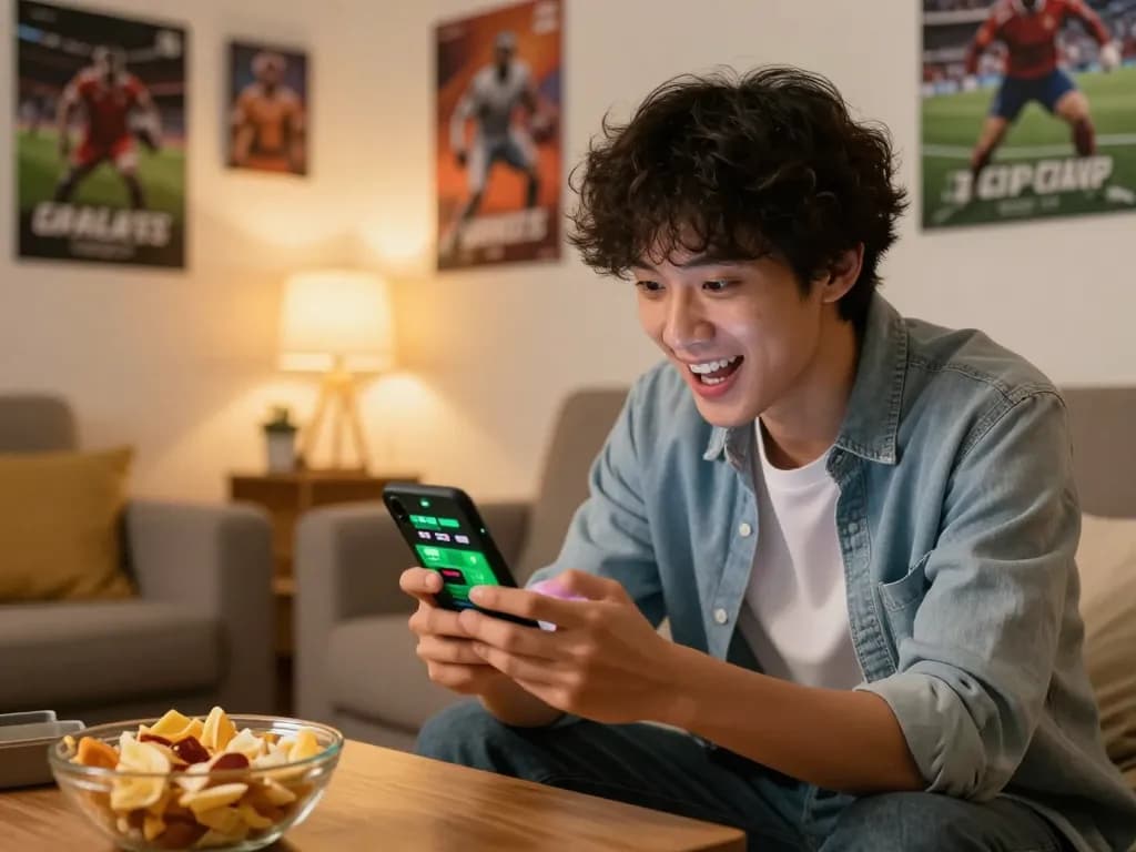 Person using Keonhacai mobile app to place sports bets in a cozy living room setting.