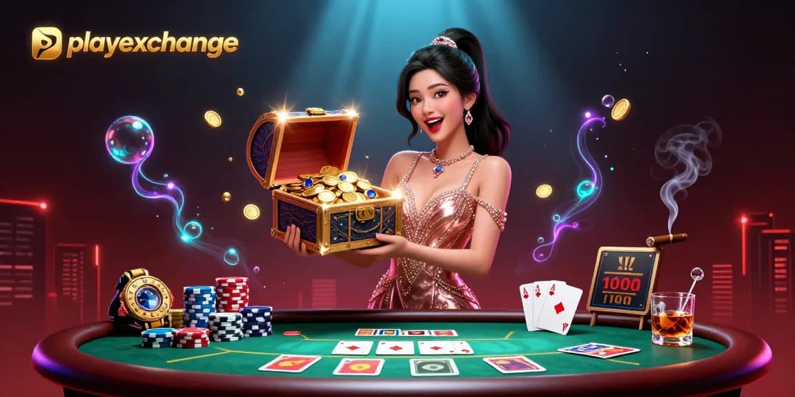 Engage with playexchange at a vibrant casino scene featuring a joyful Asian woman presenting treasures.