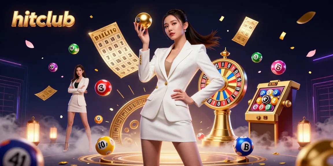 Engage with hitclub's dynamic gaming experience featuring vibrant lottery elements and a striking casino scene.