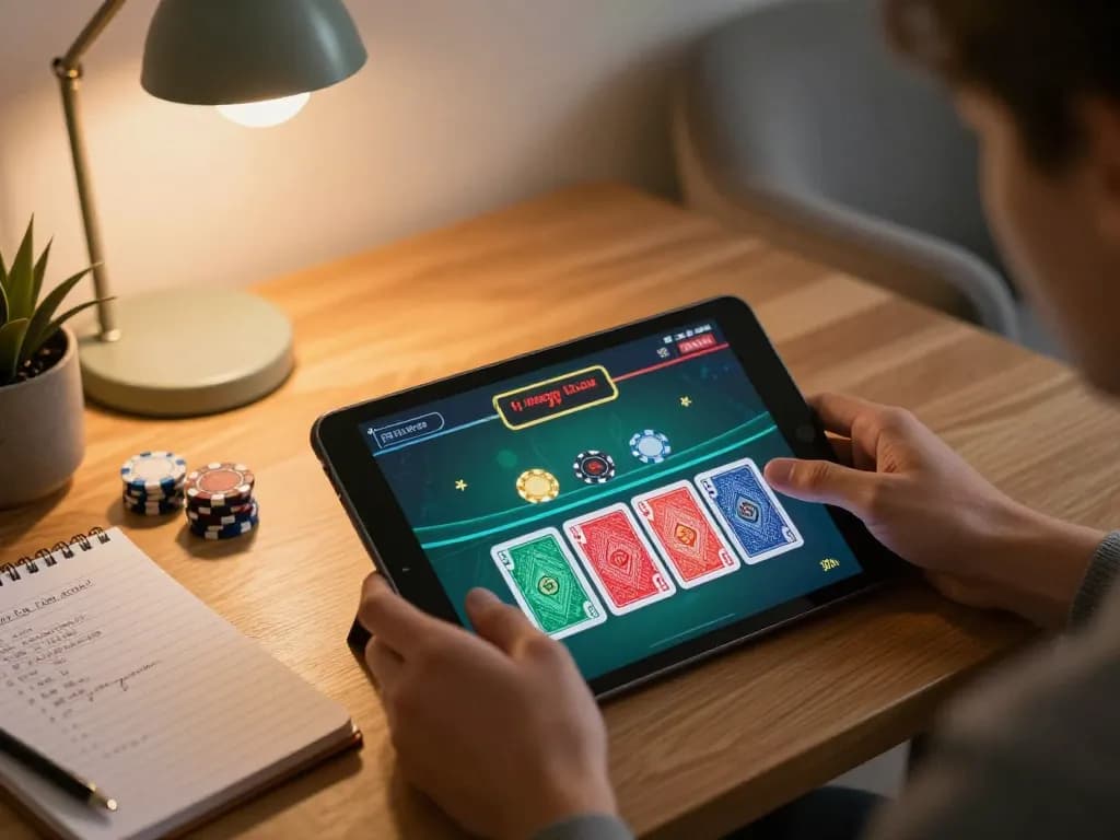 Engaging with BK888 blackjack on a tablet in a cozy setting, showcasing strategic play and excitement.