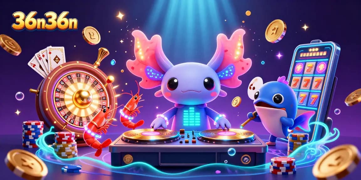 Atrativo cenário de cassino com 36n36n, apresentando um DJ axolotl e itens de jogos vibrantes.