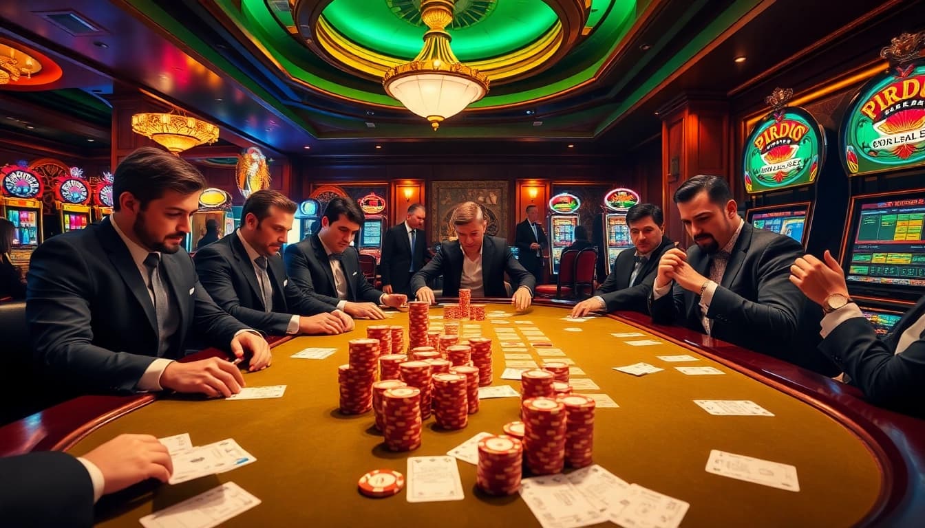 Players engaging in a thrilling game of poker at the luxury XXGG casino table with vibrant slot machines behind.