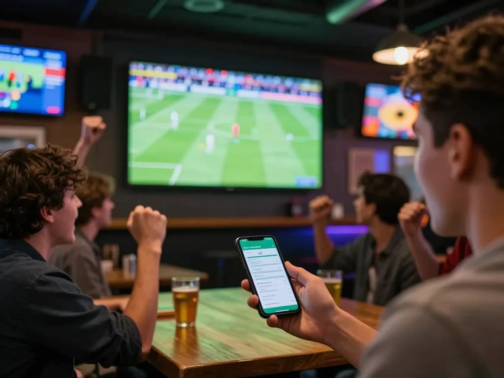 Engaged gamblers placing bets on trang cá cược bóng đá during a live football match at a vibrant sports bar.