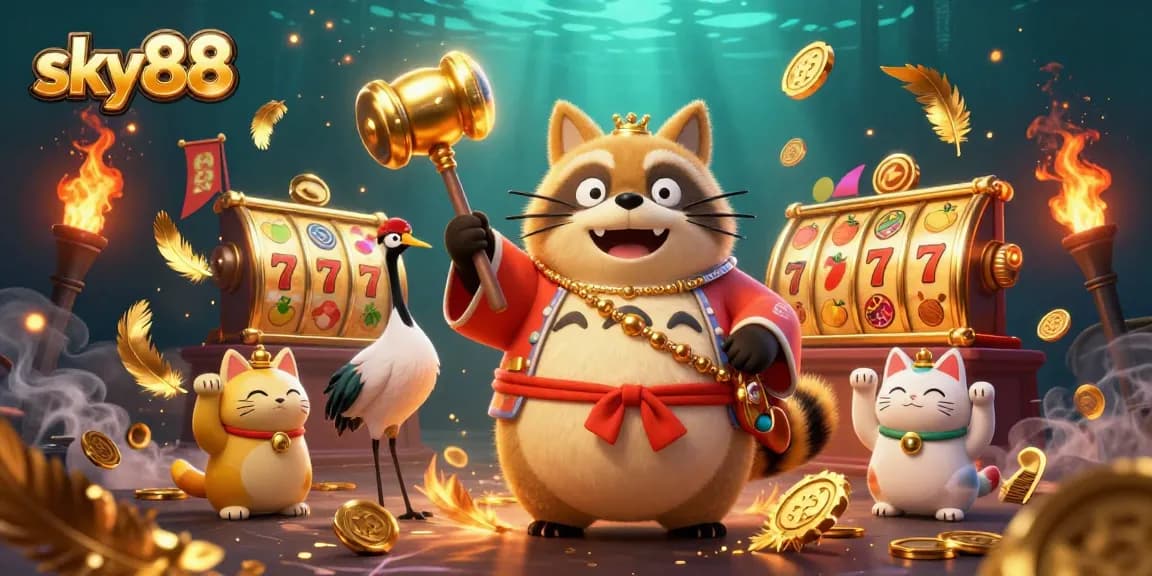 Sky88's vibrant illustration showcases a cheerful tanuki and a crane in a dynamic casino scene.