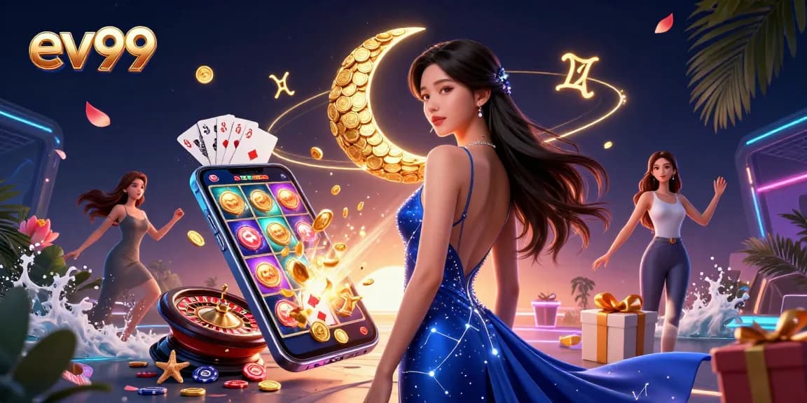 Experience thrilling gaming at ev99 with a radiant casino scene featuring stunning characters and vibrant action elements.