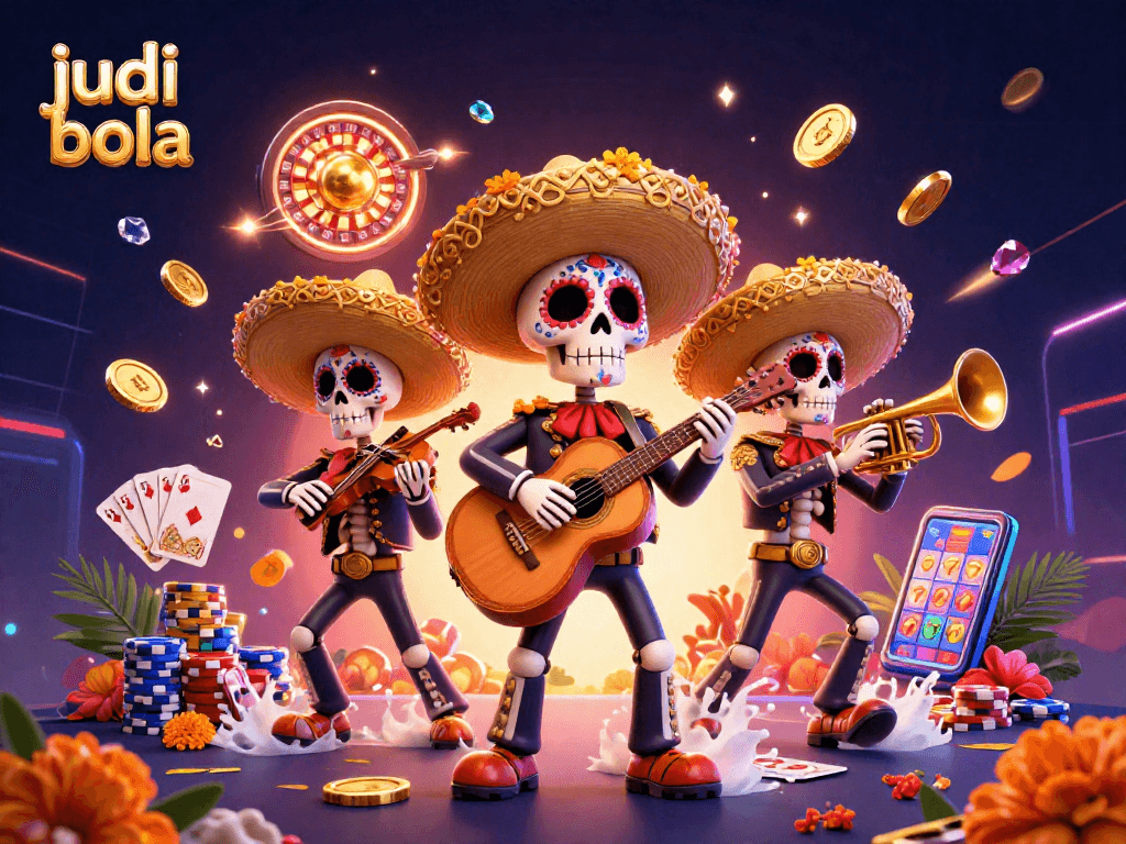 Engage in judi bola excitement with colorful skeleton musicians, gold coins, and vibrant casino elements.