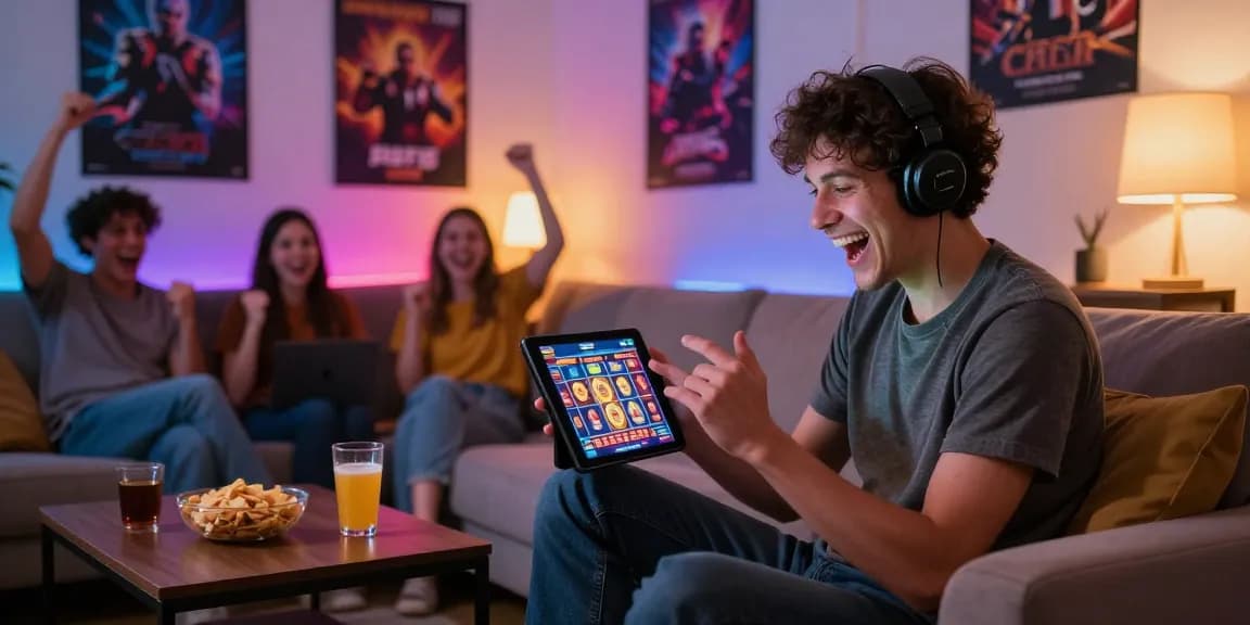 Gamer enthusiast enjoying slot88 games on a tablet in a cozy living room atmosphere.
