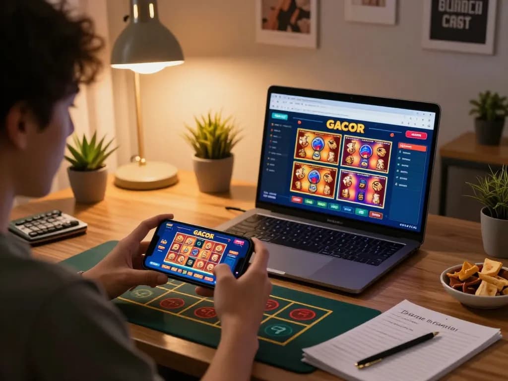 Player interacting with slot gacor interface during an online gaming session, focused on optimizing gameplay and strategy.