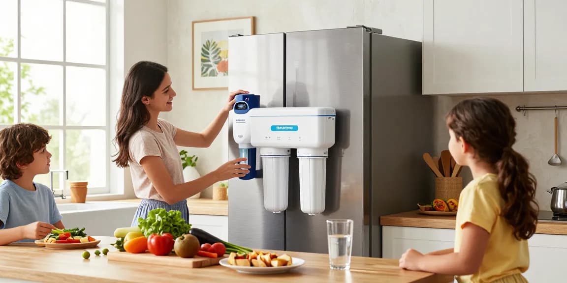 Family replacing Waterdrop EDR3RXD1 Replacement for Everydrop® Filter 3 in a bright kitchen with fresh ingredients.