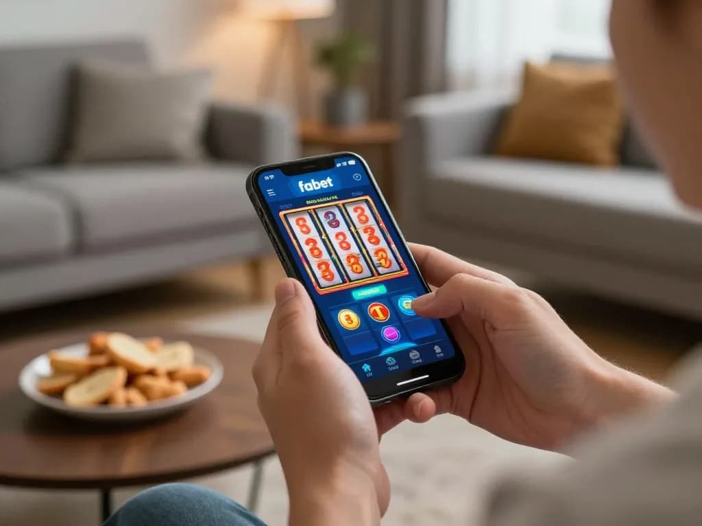 Engaging with the fabet mobile app, spinning colorful slot reels in a cozy home environment.