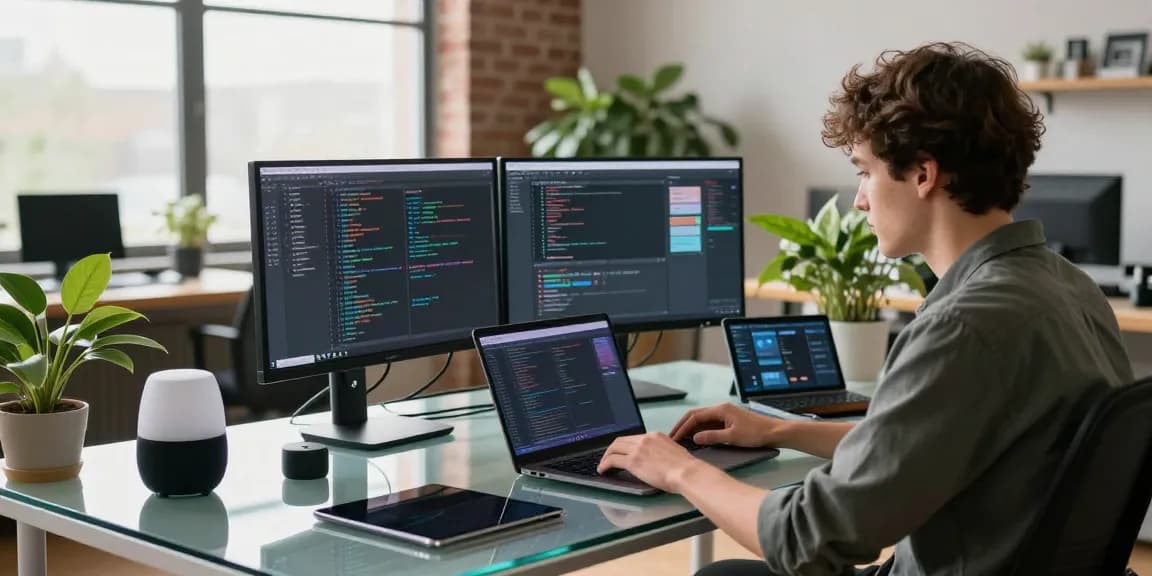 Focused developer working on 纸飞机中文版 app with multiple screens in a modern office